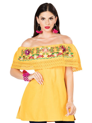 Artisanal Embroidered Blouse 100% Cotton Yellow 603051 - BELLEZA'S - Artisanal Embroidered Blouse 100% Cotton Yellow 603051 - DAMA - 60305101