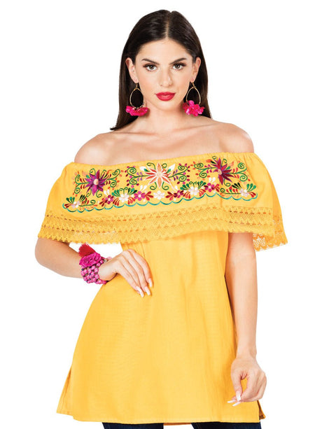 Artisanal Embroidered Blouse 100% Cotton Yellow 603051 - BELLEZA'S - Artisanal Embroidered Blouse 100% Cotton Yellow 603051 - DAMA - 60305101