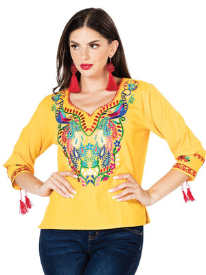 Artisanal Embroidered Blouse 100% Cotton Yellow 603180 - BELLEZA'S - Artisanal Embroidered Blouse 100% Cotton Yellow 603180 - DAMA - 60318001