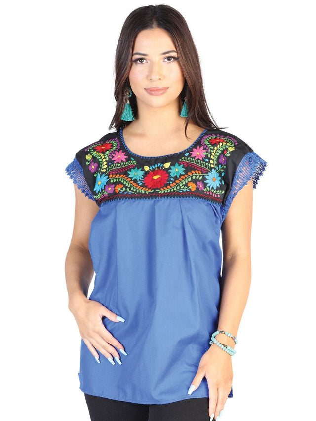 Artisanal Embroidered Blouse 50% Cotton 50% Polyester Royal Blue 602462 - BELLEZA'S - Artisanal Embroidered Blouse 50% Cotton 50% Polyester Royal Blue 602462 - DAMA - 60246201