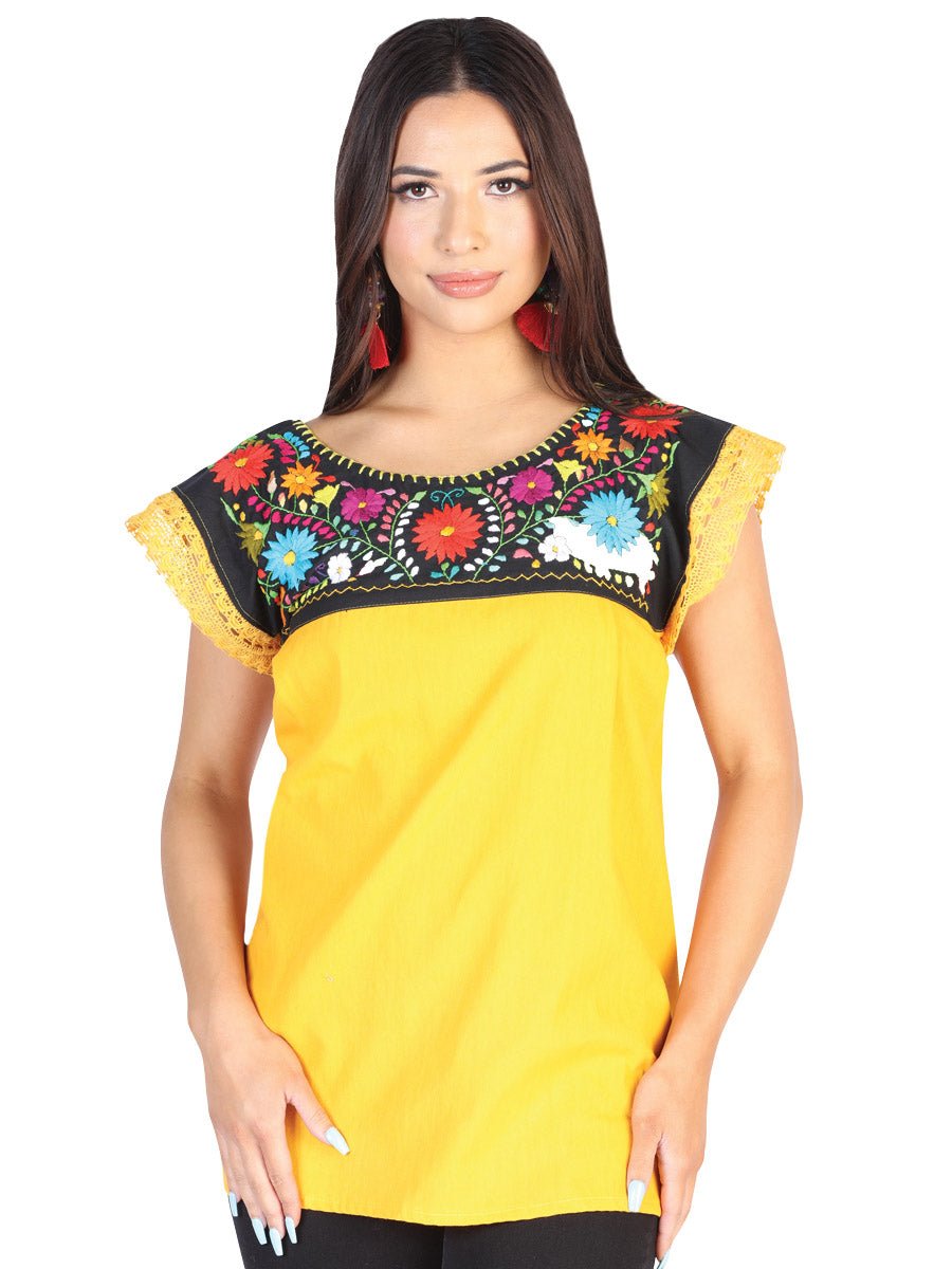 Artisanal Embroidered Blouse 50% Cotton 50% Polyester Yellow 602479 - BELLEZA'S - Artisanal Embroidered Blouse 50% Cotton 50% Polyester Yellow 602479 - DAMA - 60247901