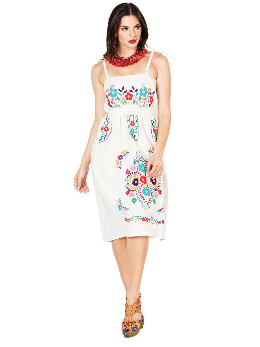 Artisanal Embroidered Dress 100% Cotton Beige 603075 - BELLEZA'S - Artisanal Embroidered Dress 100% Cotton Beige 603075 - DAMA - 60307501