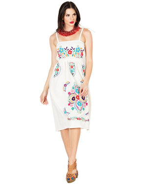 Artisanal Embroidered Dress 100% Cotton Beige 603075 - BELLEZA'S - Artisanal Embroidered Dress 100% Cotton Beige 603075 - DAMA - 60307501