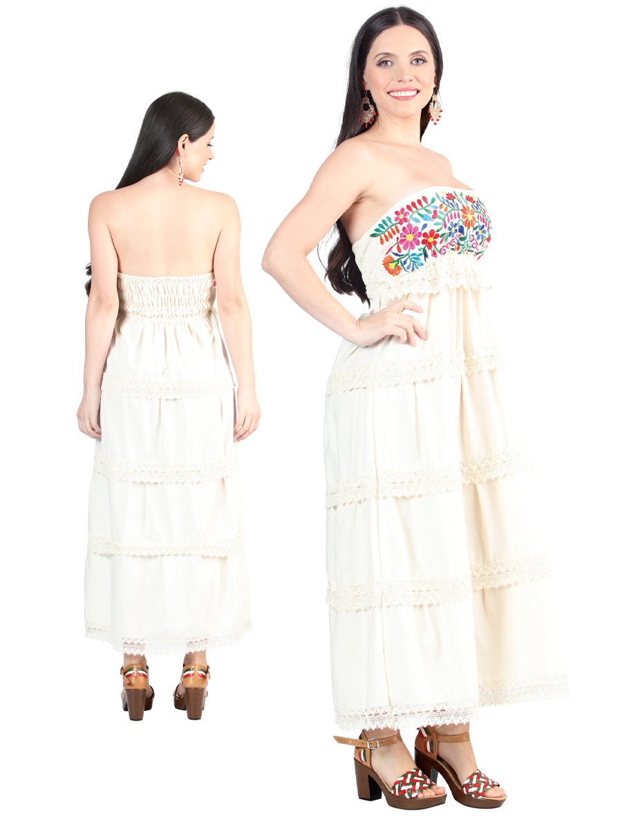 Artisanal Embroidered Dress 100% Cotton Beige 603999 - BELLEZA'S - Artisanal Embroidered Dress 100% Cotton Beige 603999 - DAMA - 60399901