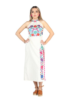 Artisanal Embroidered Dress 100% Cotton Beige 604055 - BELLEZA'S - Artisanal Embroidered Dress 100% Cotton Beige 604055 - DAMA - 60405501
