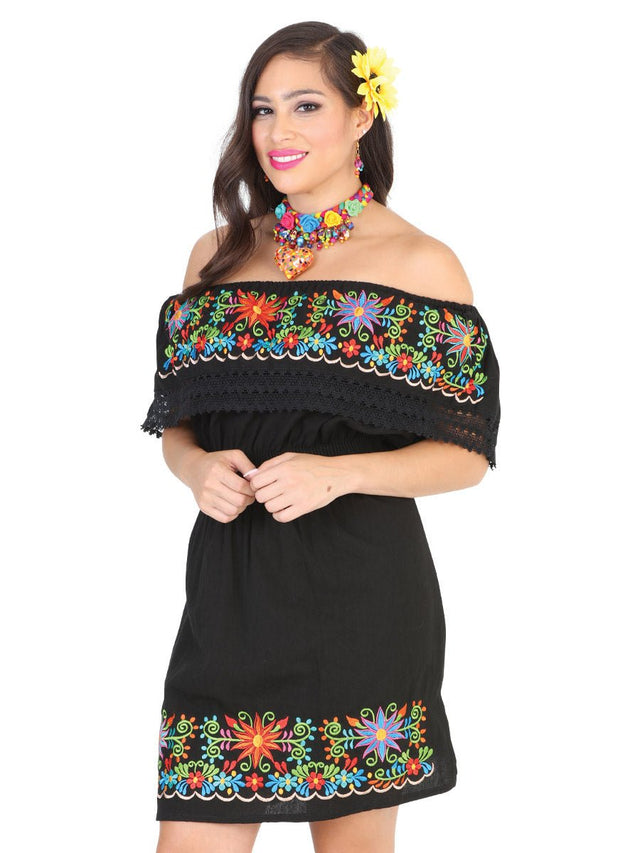 Artisanal Embroidered Dress 100% Cotton Black 602218 - BELLEZA'S - Artisanal Embroidered Dress 100% Cotton Black 602218 - DAMA - 60221801