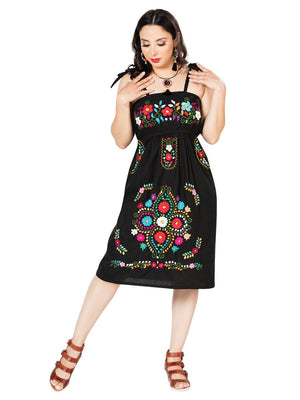 Artisanal Embroidered Dress 100% Cotton Black 603074 - BELLEZA'S - Artisanal Embroidered Dress 100% Cotton Black 603074 - DAMA - 60307401