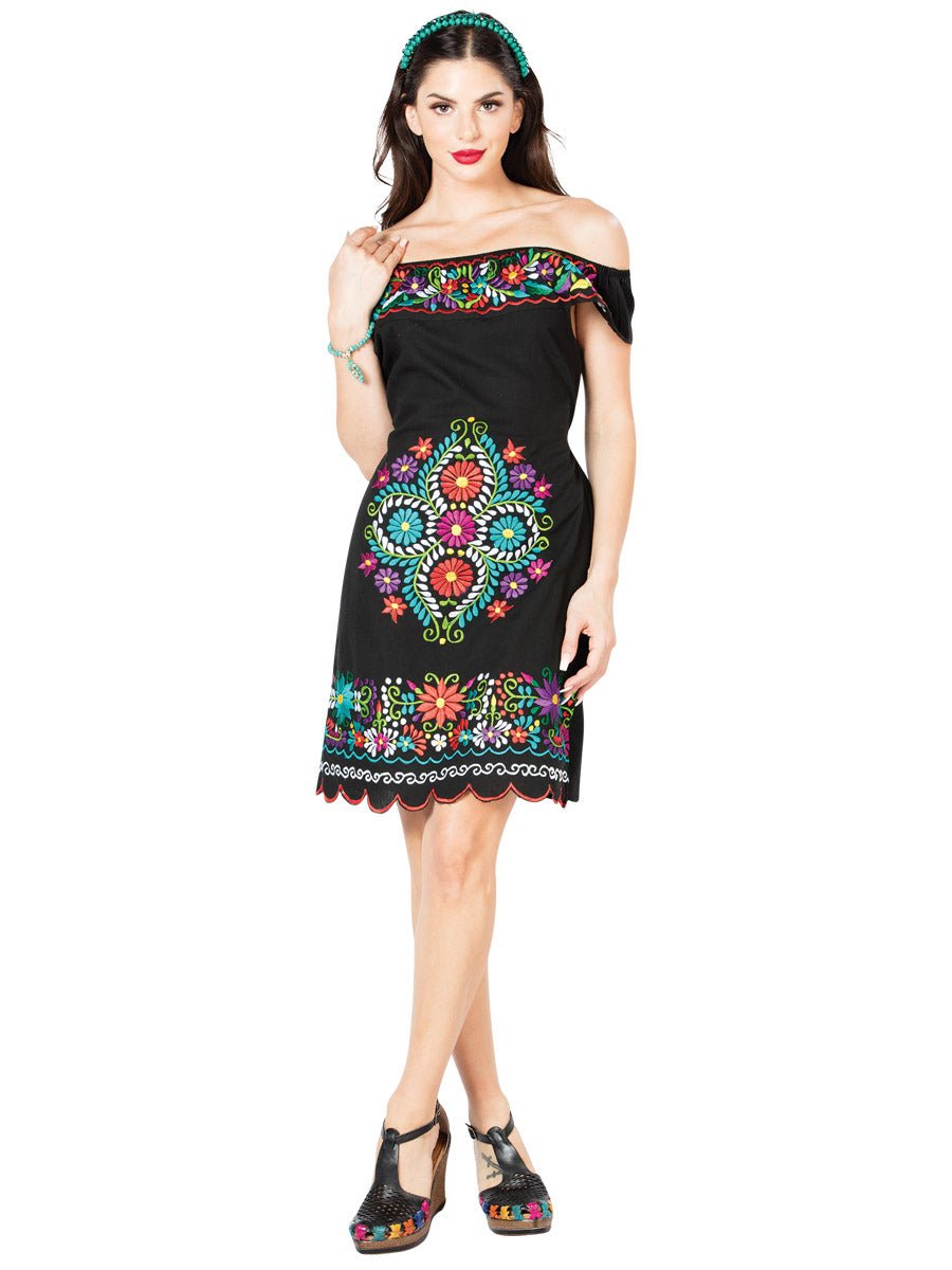 Artisanal Embroidered Dress 100% Cotton Black 603089 - BELLEZA'S - Artisanal Embroidered Dress 100% Cotton Black 603089 - DAMA - 60308901
