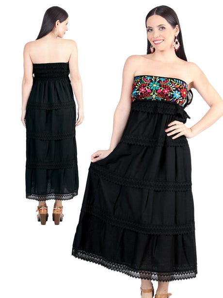 Artisanal Embroidered Dress 100% Cotton Black 604000 - BELLEZA'S - Artisanal Embroidered Dress 100% Cotton Black 604000 - DAMA - 60400001