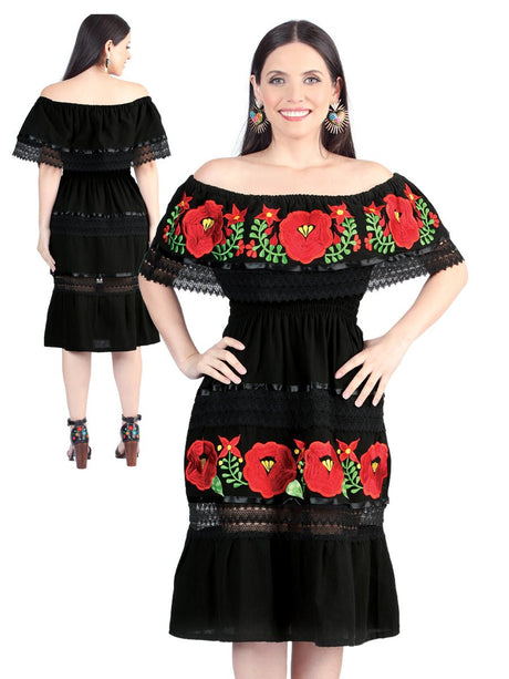 Artisanal Embroidered Dress 100% Cotton Black 604002 - BELLEZA'S - Artisanal Embroidered Dress 100% Cotton Black 604002 - DAMA - 60400201