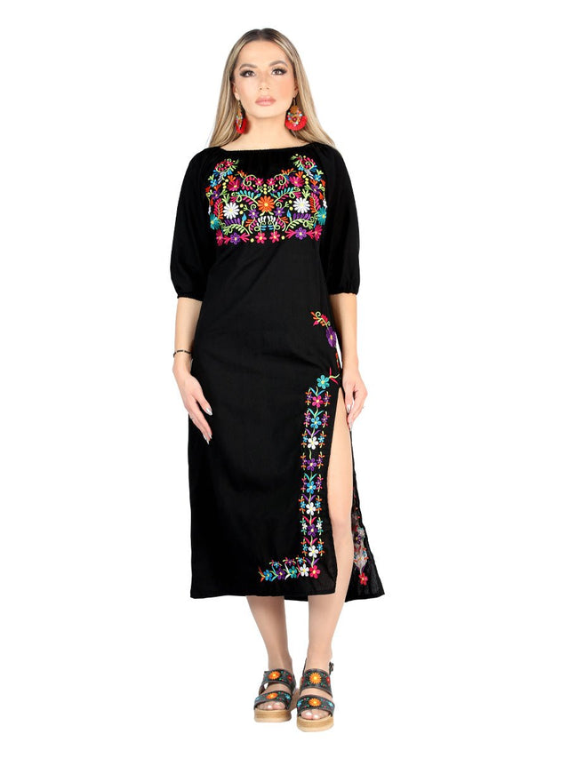 Artisanal Embroidered Dress 100% Cotton Black 604054 - BELLEZA'S - Artisanal Embroidered Dress 100% Cotton Black 604054 - DAMA - 60405401