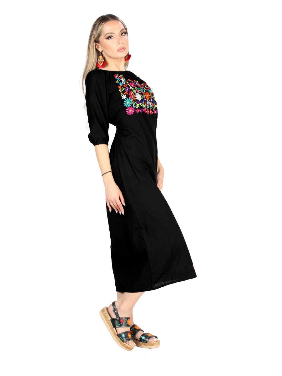 Artisanal Embroidered Dress 100% Cotton Black 604054 - BELLEZA'S - Artisanal Embroidered Dress 100% Cotton Black 604054 - DAMA - 60405401