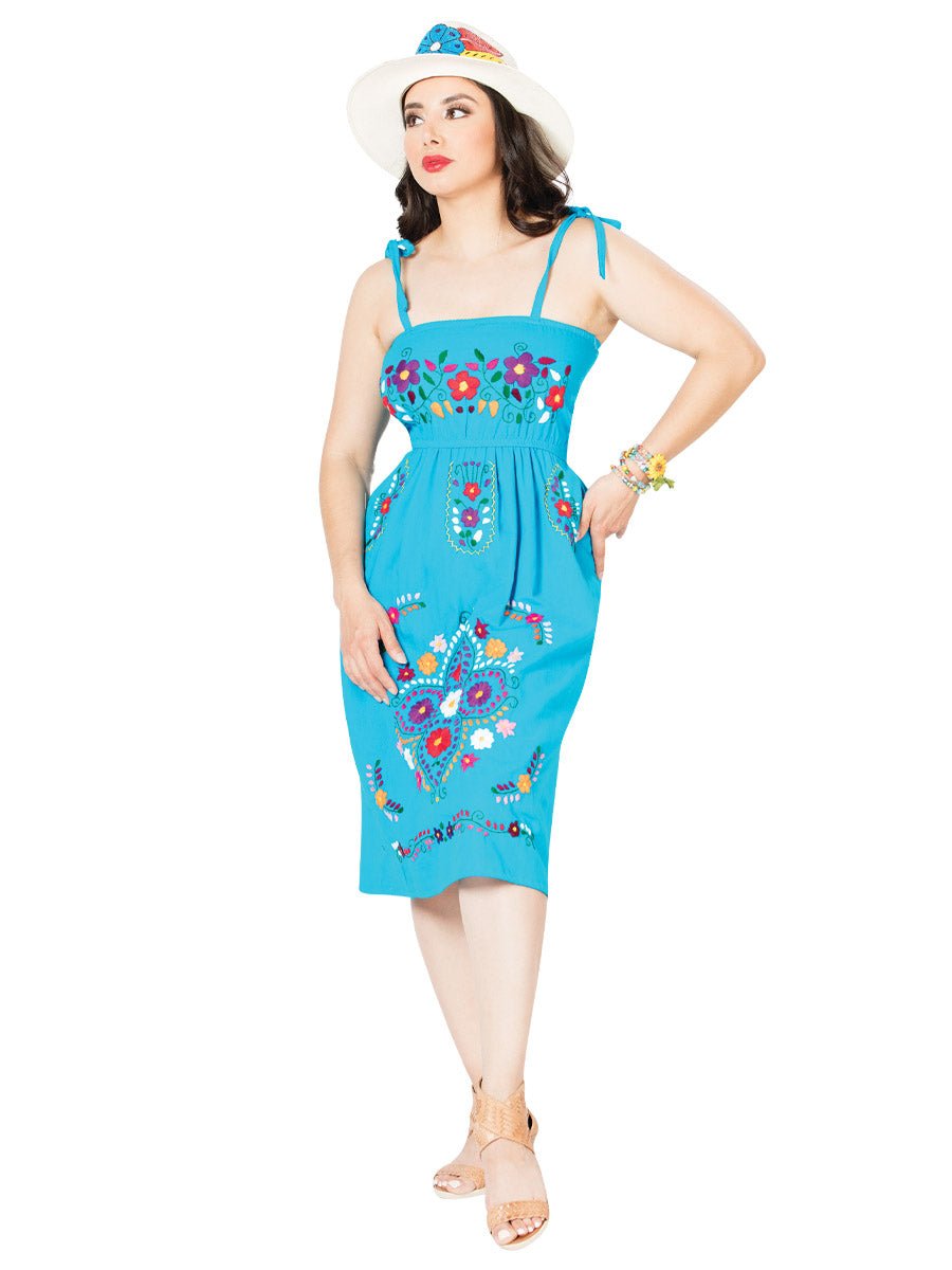 Artisanal Embroidered Dress 100% Cotton Blue 603076 - BELLEZA'S - Artisanal Embroidered Dress 100% Cotton Blue 603076 - DAMA - 60307601