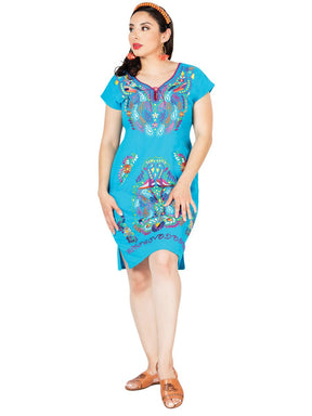 Artisanal Embroidered Dress 100% Cotton Blue 603094 - BELLEZA'S - Artisanal Embroidered Dress 100% Cotton Blue 603094 - DAMA - 60309401