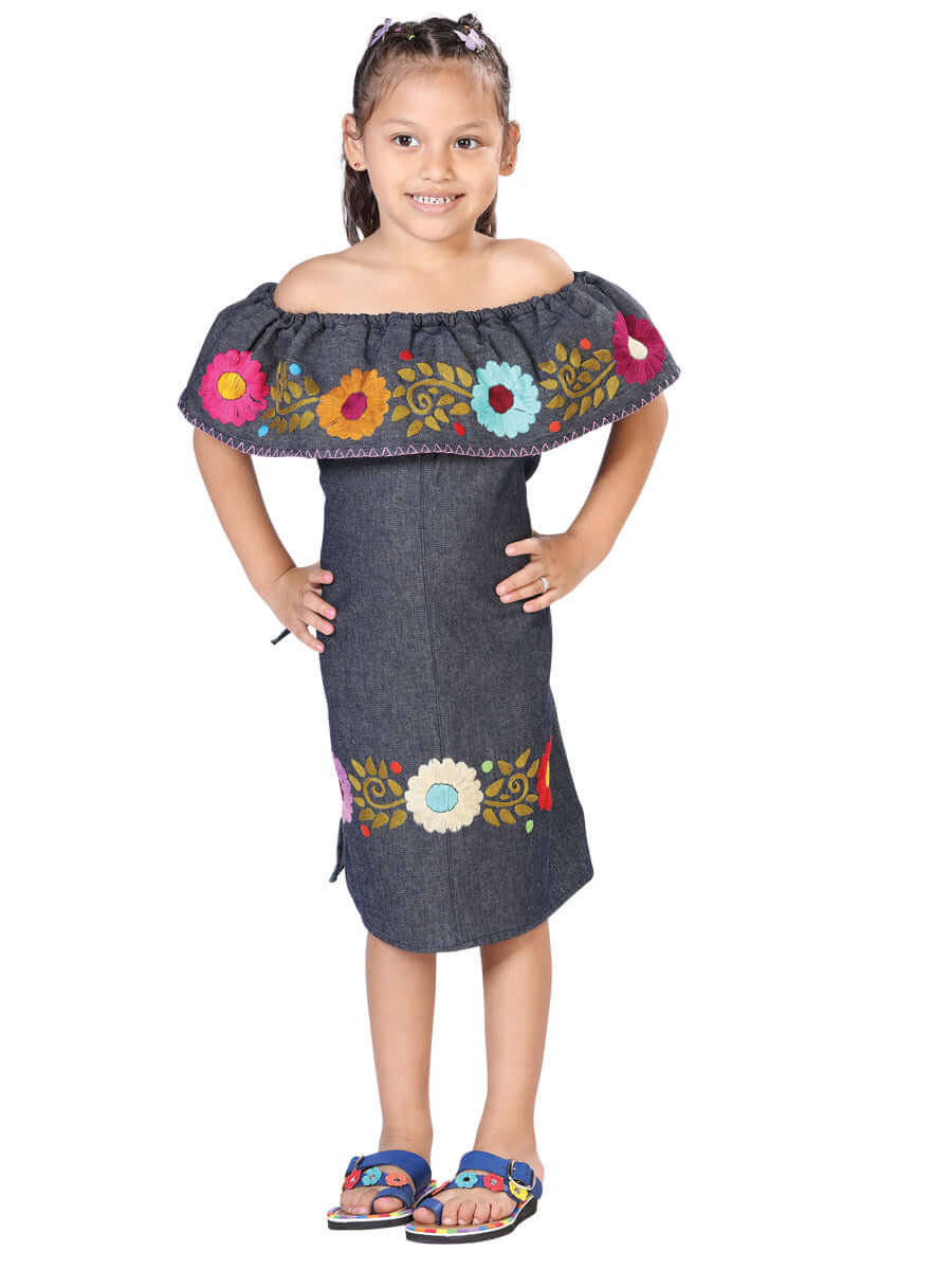 Artisanal Embroidered Dress 100% Cotton Denim Blue 603271 - BELLEZA'S - Artisanal Embroidered Dress 100% Cotton Denim Blue 603271 - NIÑA - 60327101