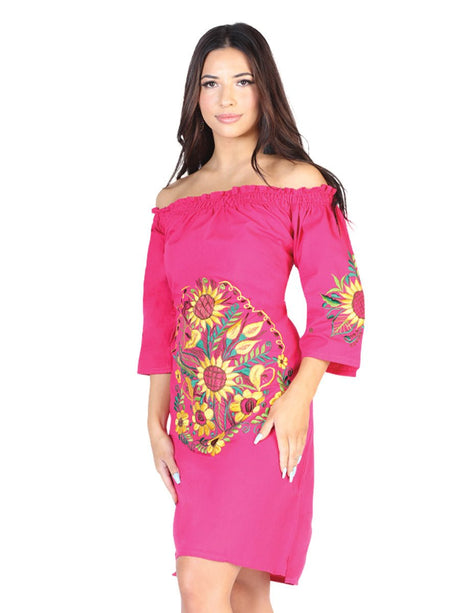 Artisanal Embroidered Dress 100% Cotton Fuchsia 602480 - BELLEZA'S - Artisanal Embroidered Dress 100% Cotton Fuchsia 602480 - DAMA - 60248001