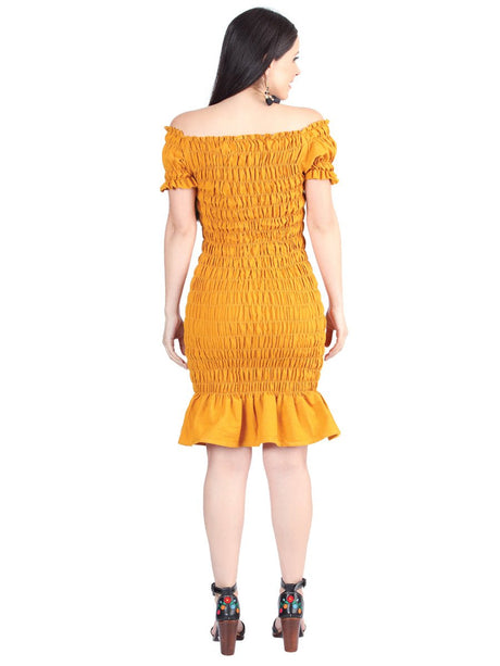 Artisanal Embroidered Dress 100% Cotton Mustard 604008 - BELLEZA'S - Artisanal Embroidered Dress 100% Cotton Mustard 604008 - DAMA - 60400801