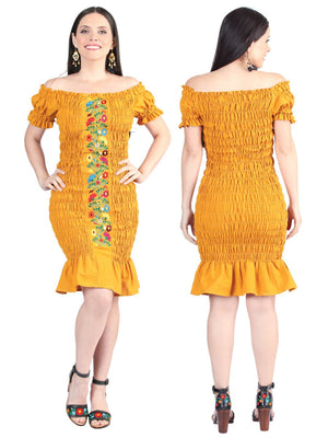 Artisanal Embroidered Dress 100% Cotton Mustard 604008 - BELLEZA'S - Artisanal Embroidered Dress 100% Cotton Mustard 604008 - DAMA - 60400801