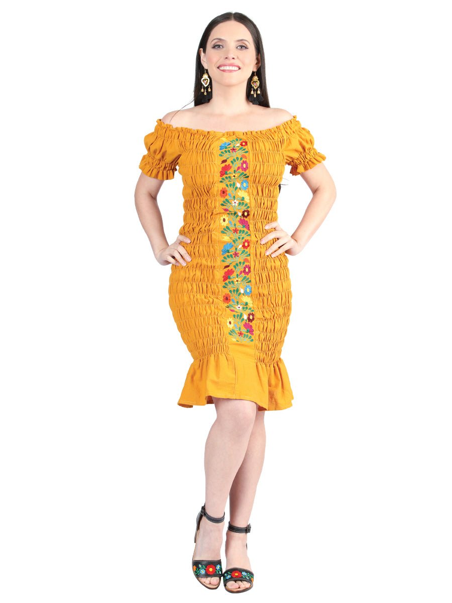 Artisanal Embroidered Dress 100% Cotton Mustard 604008 - BELLEZA'S - Artisanal Embroidered Dress 100% Cotton Mustard 604008 - DAMA - 60400801