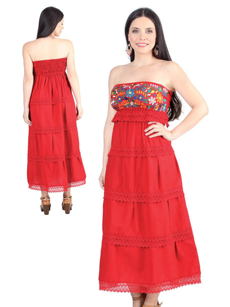 Artisanal Embroidered Dress 100% Cotton Red 604001 - BELLEZA'S - Artisanal Embroidered Dress 100% Cotton Red 604001 - DAMA - 60400101