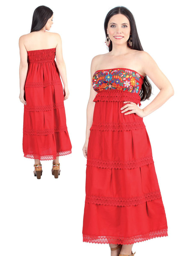 Artisanal Embroidered Dress 100% Cotton Red 604001 - BELLEZA'S - Artisanal Embroidered Dress 100% Cotton Red 604001 - DAMA - 60400101