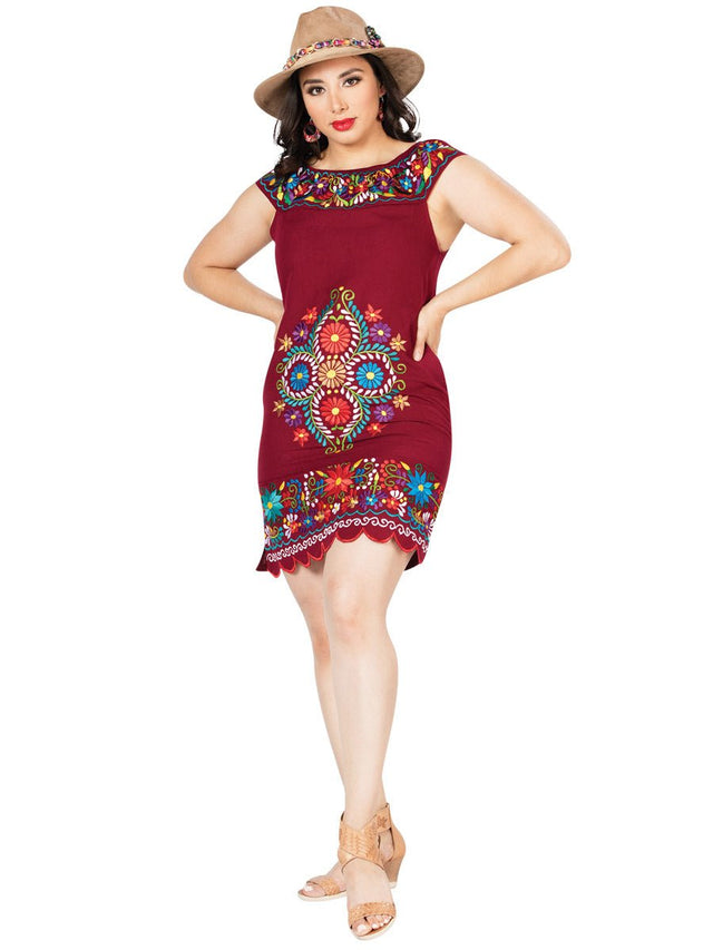 Artisanal Embroidered Dress 100% Cotton Wine 603088 - BELLEZA'S - Artisanal Embroidered Dress 100% Cotton Wine 603088 - DAMA - 60308801