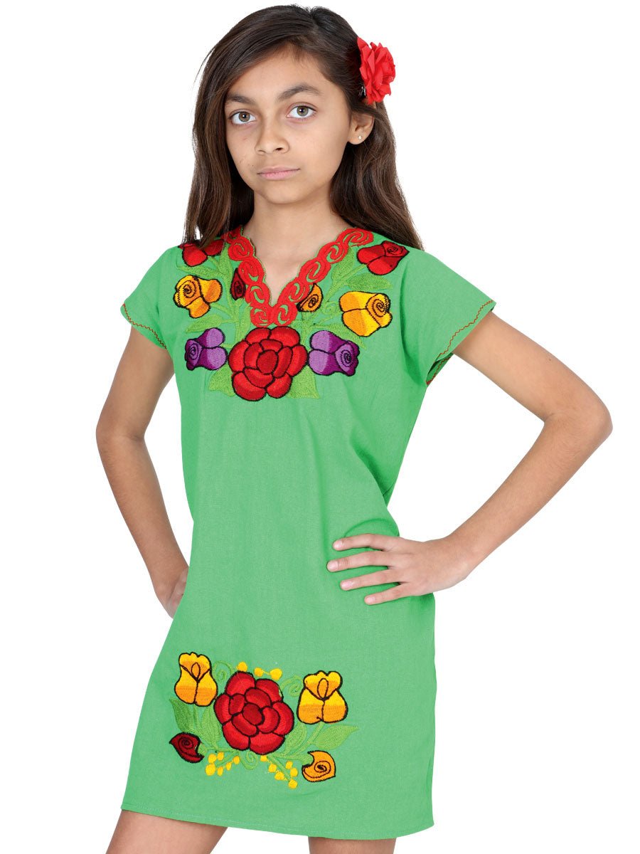 Artisanal Embroidered Dress 50% Cotton, 50% Polyester Green 601663 - BELLEZA'S - Artisanal Embroidered Dress 50% Cotton, 50% Polyester Green 601663 - NIÑA - 60166301