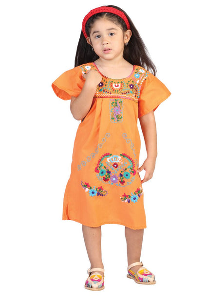 Artisanal Embroidered Dress 50% Cotton, 50% Polyester Orange 601621 - BELLEZA'S - Artisanal Embroidered Dress 50% Cotton, 50% Polyester Orange 601621 - NIÑA - 60162101