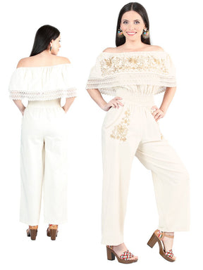 Artisanal Embroidered Jumpsuit 100% Cotton Beige 603998 - BELLEZA'S - Artisanal Embroidered Jumpsuit 100% Cotton Beige 603998 - DAMA - 60399801