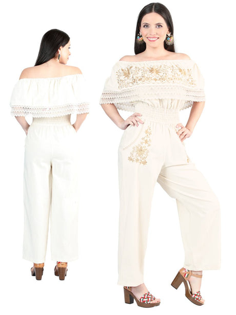 Artisanal Embroidered Jumpsuit 100% Cotton Beige 603998 - BELLEZA'S - Artisanal Embroidered Jumpsuit 100% Cotton Beige 603998 - DAMA - 60399801