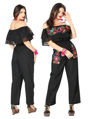 Artisanal Embroidered Jumpsuit 100% Cotton Black 603187 - BELLEZA'S - Artisanal Embroidered Jumpsuit 100% Cotton Black 603187 - DAMA - 60318701