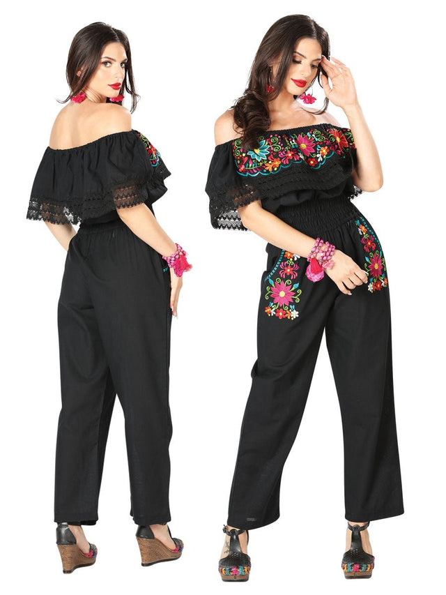 Artisanal Embroidered Jumpsuit 100% Cotton Black 603187 - BELLEZA'S - Artisanal Embroidered Jumpsuit 100% Cotton Black 603187 - DAMA - 60318701