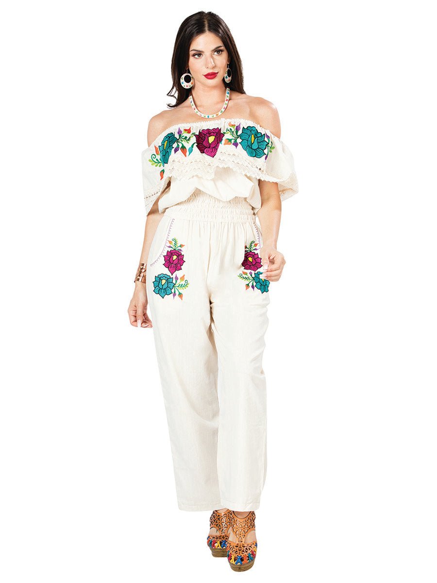 Artisanal Embroidered Jumpsuit 100% Cotton Ivory 603188 - BELLEZA'S - Artisanal Embroidered Jumpsuit 100% Cotton Ivory 603188 - DAMA - 60318801