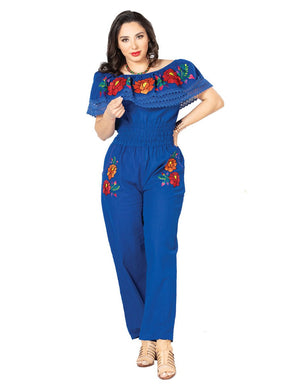 Artisanal Embroidered Jumpsuit 100% Cotton Royal Blue 603186 - BELLEZA'S - Artisanal Embroidered Jumpsuit 100% Cotton Royal Blue 603186 - DAMA - 60318601