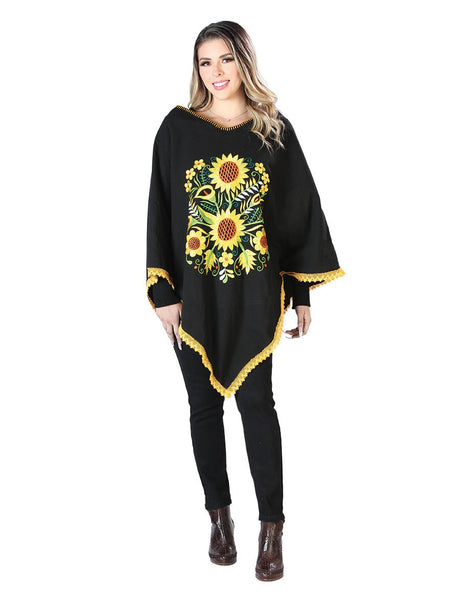 Artisanal Embroidered Poncho 50% Cotton, 50% Polyester Black 603827 - BELLEZA'S - Artisanal Embroidered Poncho 50% Cotton, 50% Polyester Black 603827 - DAMA - 60382701