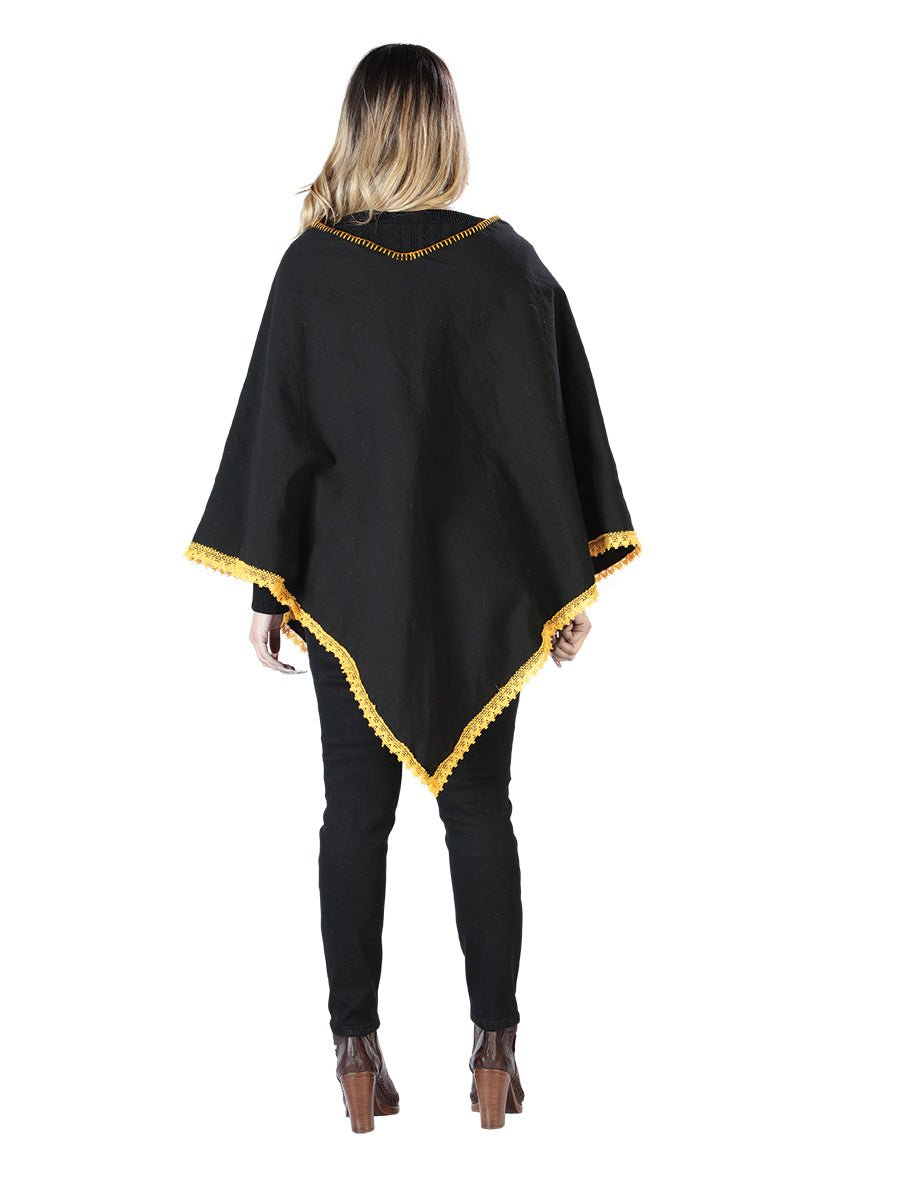 Artisanal Embroidered Poncho 50% Cotton, 50% Polyester Black 603827 - BELLEZA'S - Artisanal Embroidered Poncho 50% Cotton, 50% Polyester Black 603827 - DAMA - 60382701