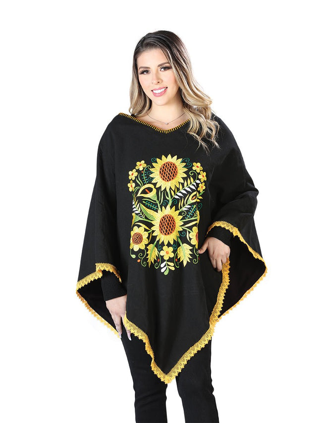 Artisanal Embroidered Poncho 50% Cotton, 50% Polyester Black 603827 - BELLEZA'S - Artisanal Embroidered Poncho 50% Cotton, 50% Polyester Black 603827 - DAMA - 60382701