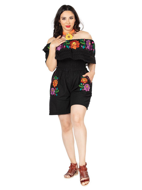 Artisanal Embroidered Romper 100% Cotton Black 603190 - BELLEZA'S - Artisanal Embroidered Romper 100% Cotton Black 603190 - DAMA - 60319001