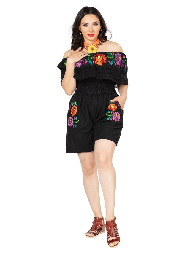 Artisanal Embroidered Romper 100% Cotton Black 603190 - BELLEZA'S - Artisanal Embroidered Romper 100% Cotton Black 603190 - DAMA - 60319001