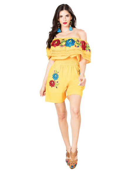 Artisanal Embroidered Romper 100% Cotton Yellow 603189 - BELLEZA'S - Artisanal Embroidered Romper 100% Cotton Yellow 603189 - DAMA - 60318901