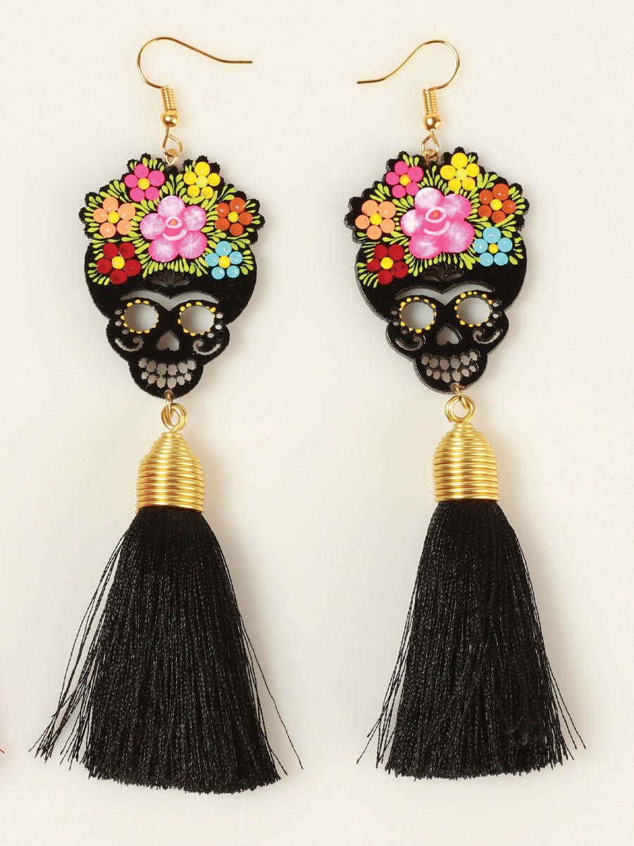 Artisanal Hand Painted Earrings Wood - Silk Thread Black 602939 - BELLEZA'S - Artisanal Hand Painted Earrings Wood - Silk Thread Black 602939 - DAMA - 60293901