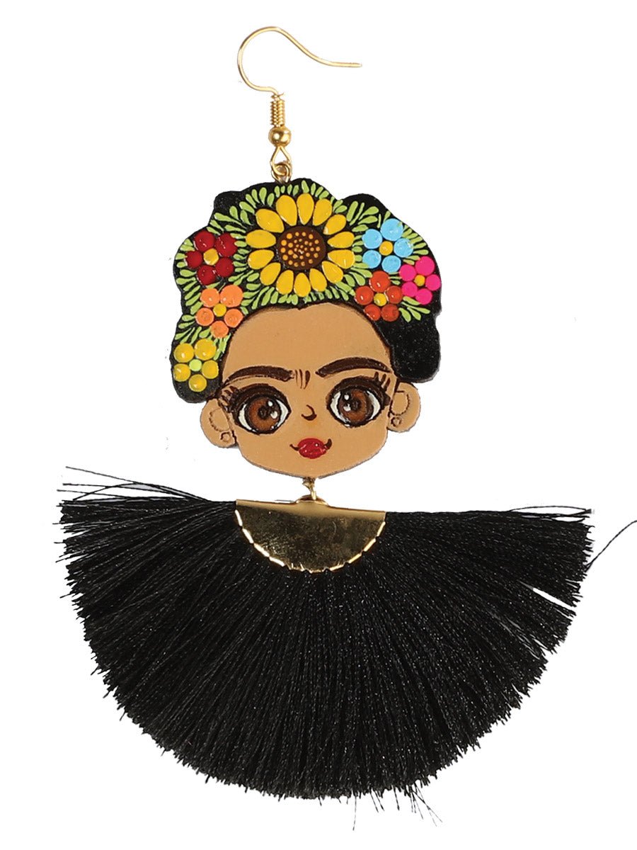 Artisanal Hand Painted Earrings Wood - Silk Thread Black 602989 - BELLEZA'S - Artisanal Hand Painted Earrings Wood - Silk Thread Black 602989 - DAMA - 60298901