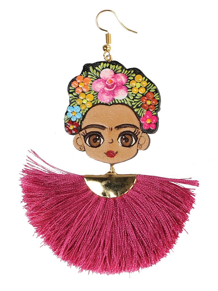 Artisanal Hand Painted Earrings Wood - Silk Thread Fuchsia 602991 - BELLEZA'S - Artisanal Hand Painted Earrings Wood - Silk Thread Fuchsia 602991 - DAMA - 60299101
