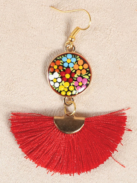 Artisanal Hand Painted Earrings Wood - Silk Thread Red 602178 - BELLEZA'S - Artisanal Hand Painted Earrings Wood - Silk Thread Red 602178 - DAMA - 60217801