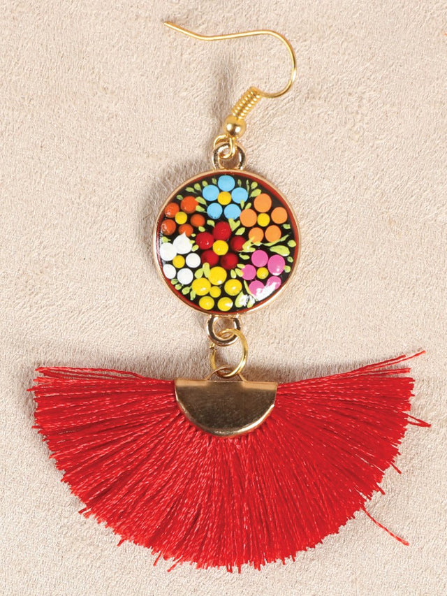 Artisanal Hand Painted Earrings Wood - Silk Thread Red 602178 - BELLEZA'S - Artisanal Hand Painted Earrings Wood - Silk Thread Red 602178 - DAMA - 60217801