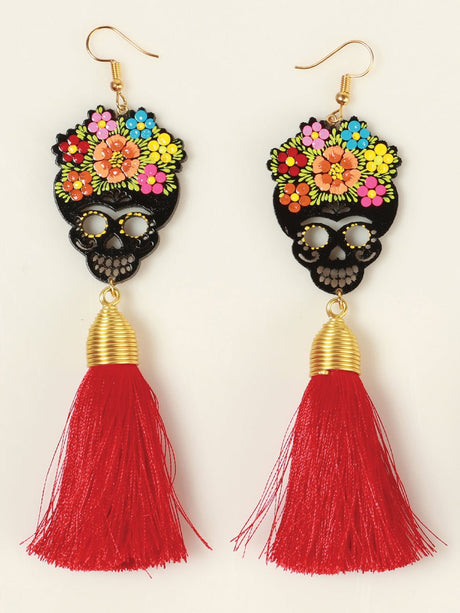 Artisanal Hand Painted Earrings Wood - Silk Thread Red 602941 - BELLEZA'S - Artisanal Hand Painted Earrings Wood - Silk Thread Red 602941 - DAMA - 60294101
