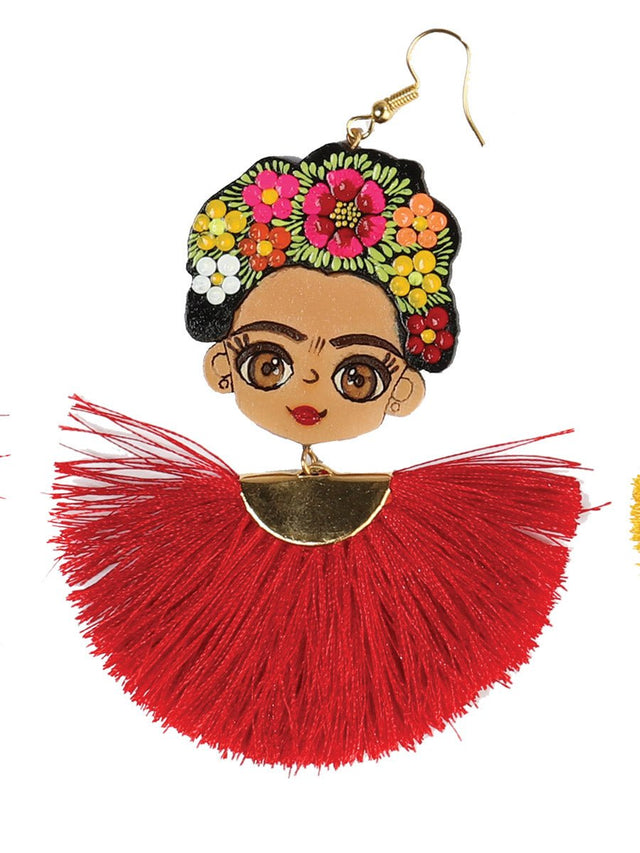 Artisanal Hand Painted Earrings Wood - Silk Thread Red 602990 - BELLEZA'S - Artisanal Hand Painted Earrings Wood - Silk Thread Red 602990 - DAMA - 60299001