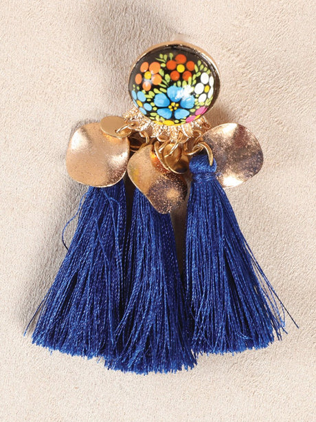 Artisanal Hand Painted Earrings Wood - Silk Thread Royal Blue 602155 - BELLEZA'S - Artisanal Hand Painted Earrings Wood - Silk Thread Royal Blue 602155 - DAMA - 60215501