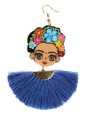 Artisanal Hand Painted Earrings Wood - Silk Thread Royal Blue 602988 - BELLEZA'S - Artisanal Hand Painted Earrings Wood - Silk Thread Royal Blue 602988 - DAMA - 60298801