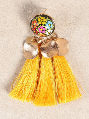 Artisanal Hand Painted Earrings Wood - Silk Thread Yellow 602153 - BELLEZA'S - Artisanal Hand Painted Earrings Wood - Silk Thread Yellow 602153 - DAMA - 60215301